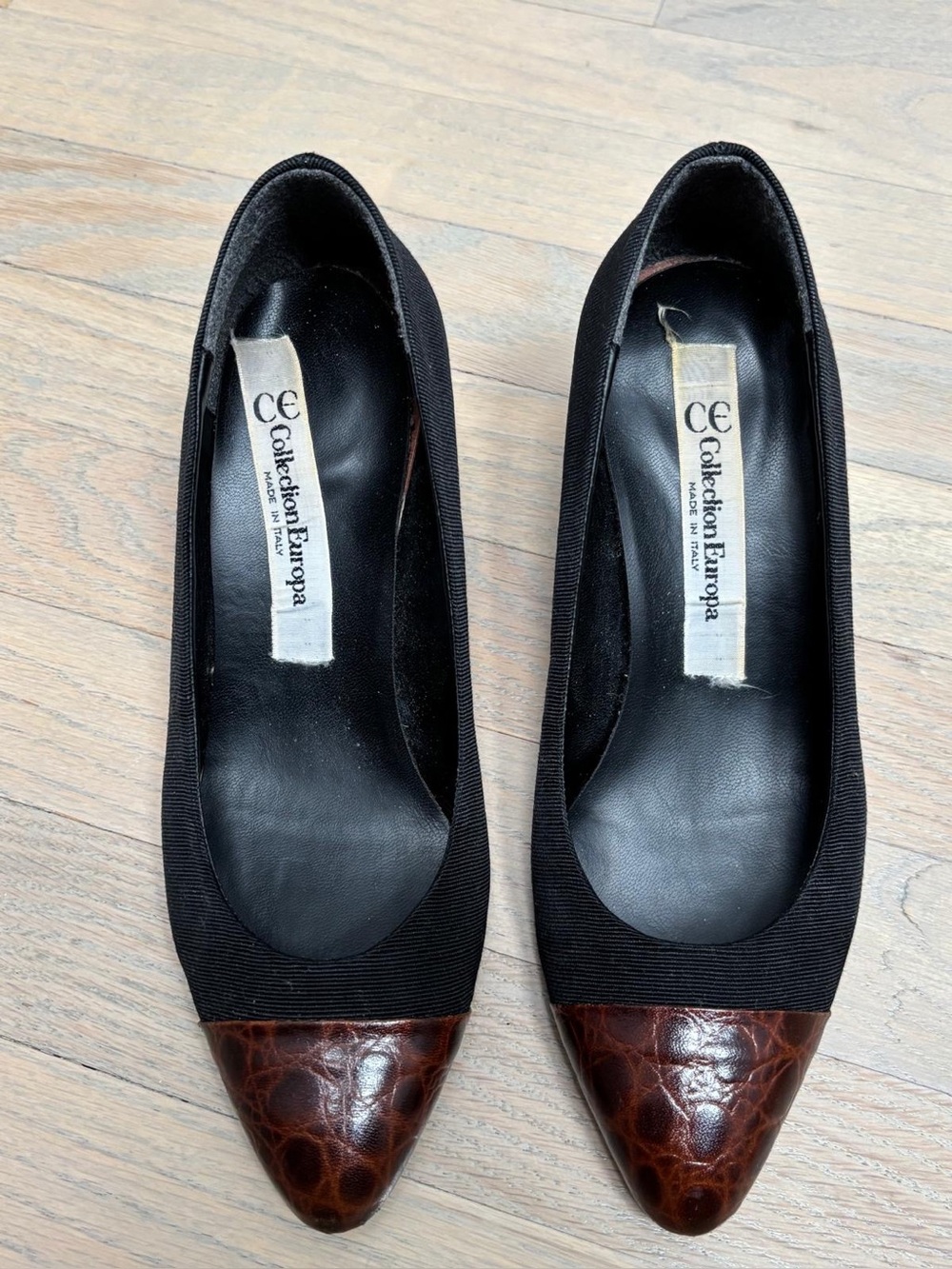 Made in Italy Black Pumps with Two-Tone Brown Croc-Effect Toe | Vintage